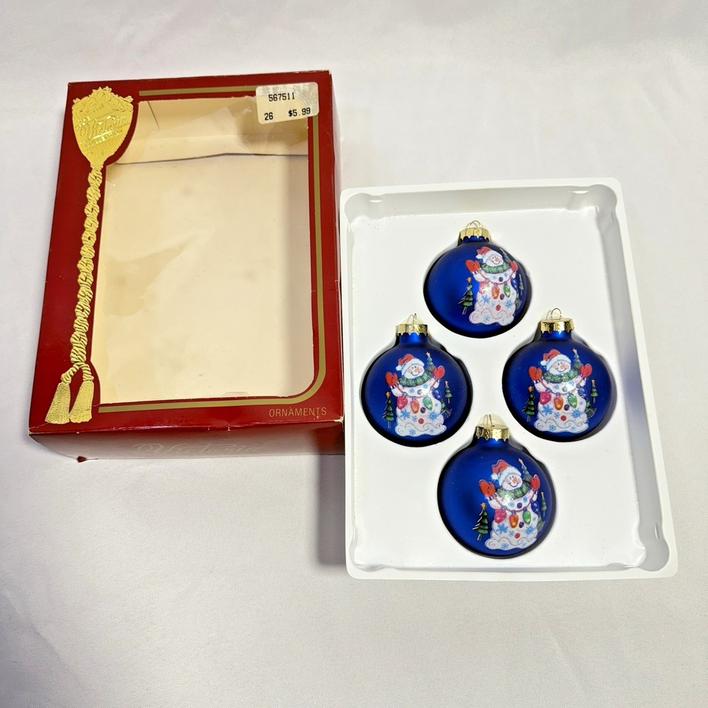 Vtg 4 Blue Glass Ball Christmas Snowmen Ornaments Victoria Rauch‎ USA